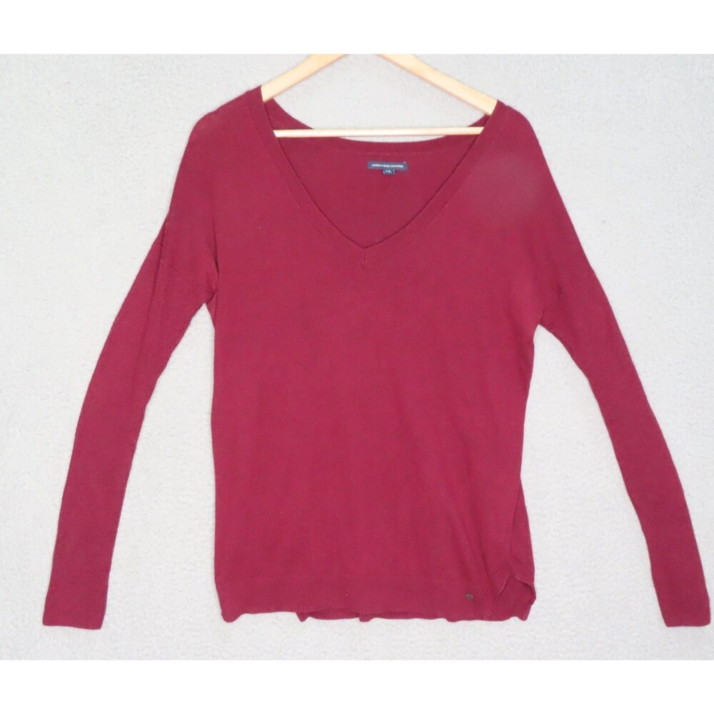 American Eagle Sweater Womens Small Maroon Burgundy Red Knit V Neck Soft Classic